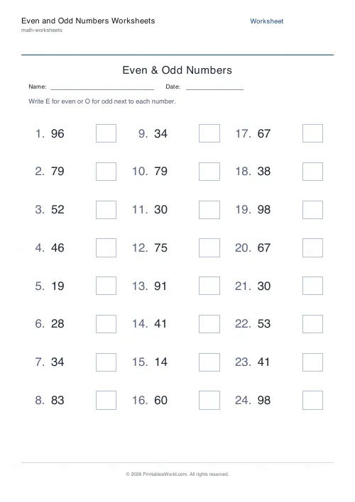 Free printable even and odd numbers worksheet (2-digit, with answer key), PDF download