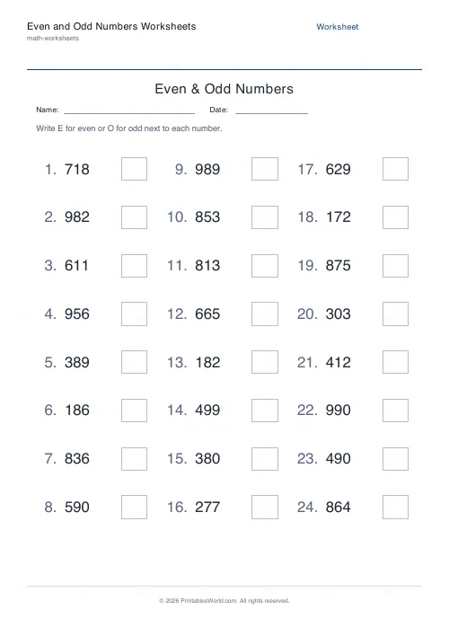 Free printable even and odd numbers worksheet (3-digit, with answer key), PDF download