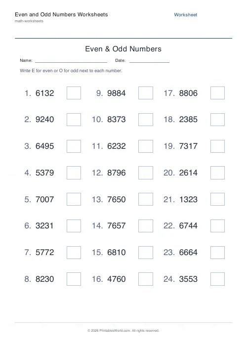 Free printable even and odd numbers worksheet (4-digit, with answer key), PDF download