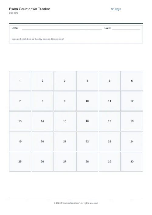 Free printable exam countdown (30-day countdown), PDF download