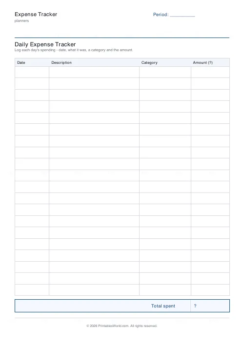 Free printable expense tracker (Euros (EUR)), PDF download