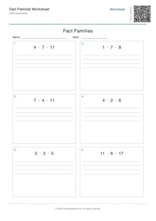 Free printable fact families worksheet — Addition & subtraction — PDF download