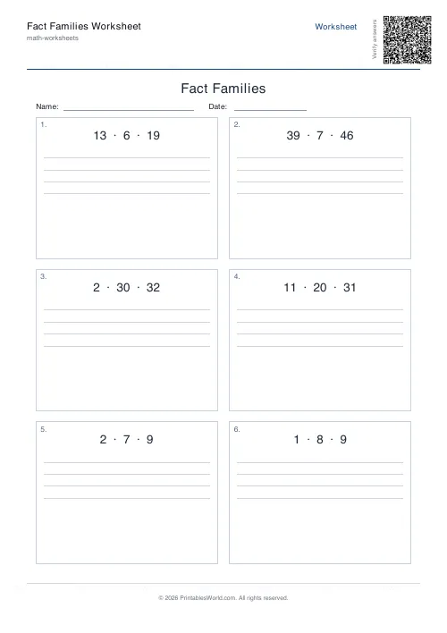 Free printable fact families worksheet — Up to 50, with answer key — PDF download