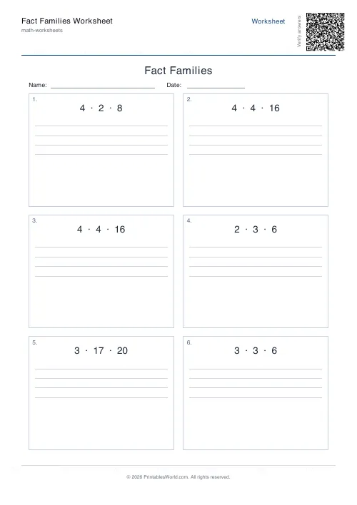 Free printable fact families worksheet — Mixed — PDF download