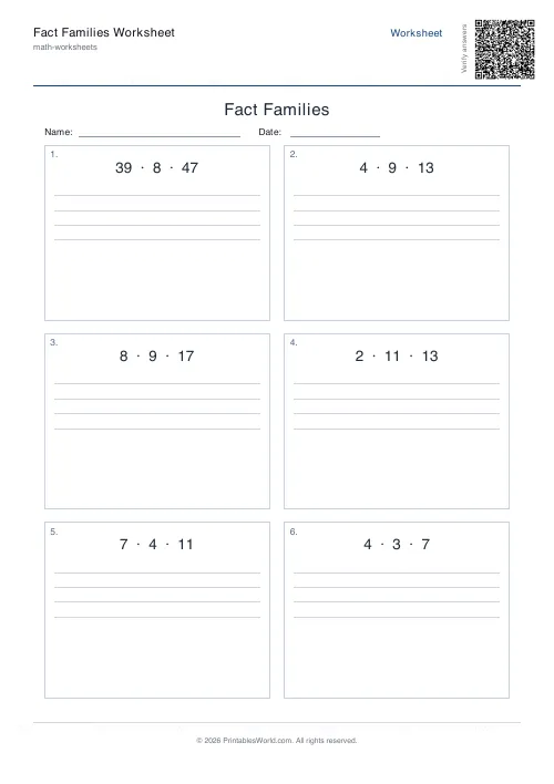 Free printable fact families worksheet — Up to 50 — PDF download