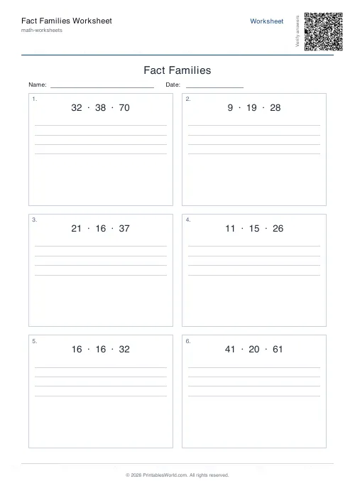 Free printable fact families worksheet — Up to 144 — PDF download