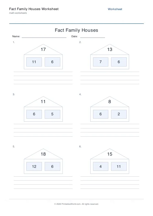 Free printable fact family houses worksheet — Add / Subtract — PDF download