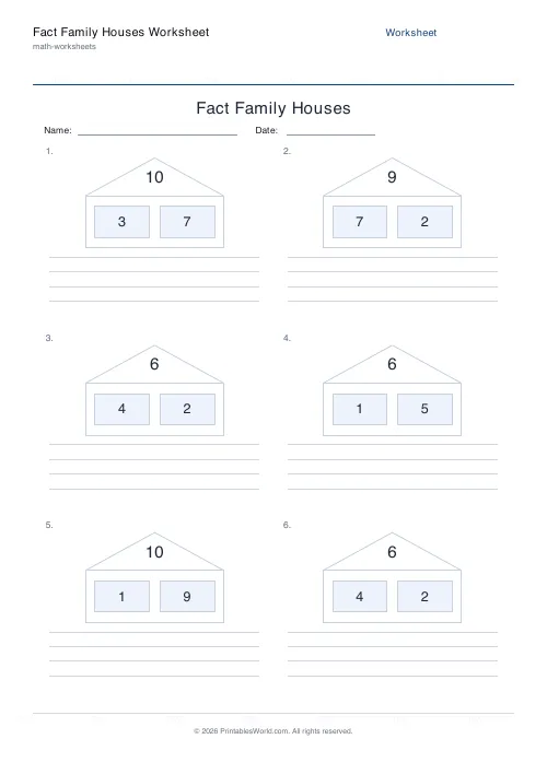 Free printable fact family houses worksheet — Up to 10, with answer key — PDF download
