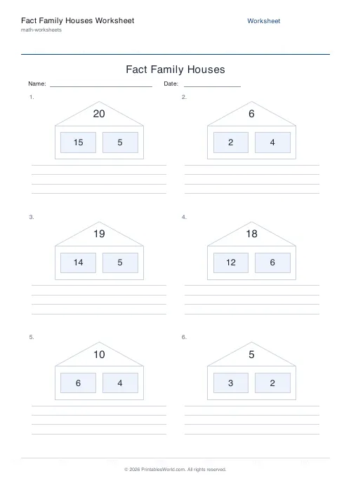 Free printable fact family houses worksheet — Up to 20, with answer key — PDF download