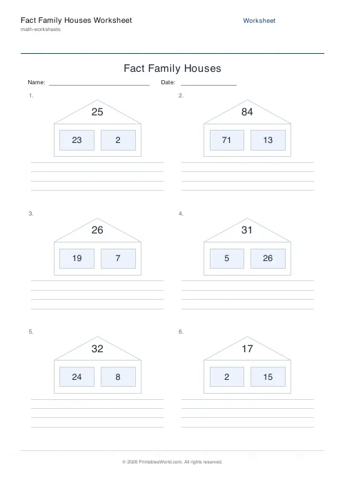 Free printable fact family houses worksheet — Up to 100, with answer key — PDF download