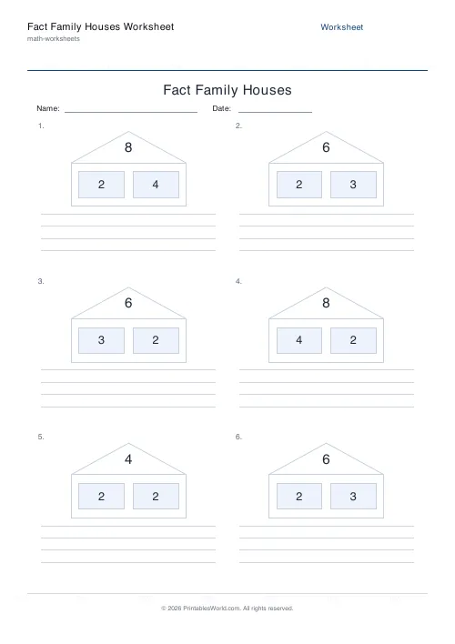 Free printable fact family houses worksheet — Multiply / Divide — PDF download