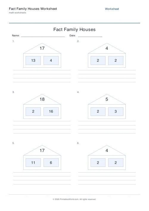 Free printable fact family houses worksheet — Mixed — PDF download