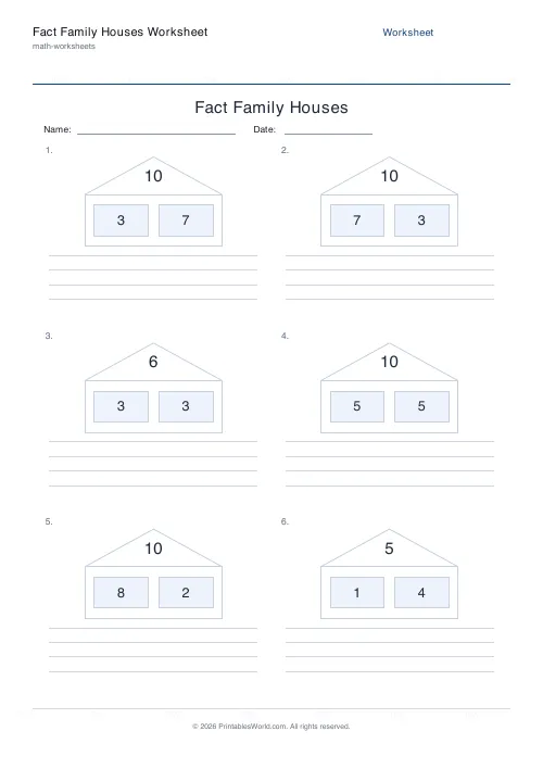 Free printable fact family houses worksheet — Up to 10 — PDF download