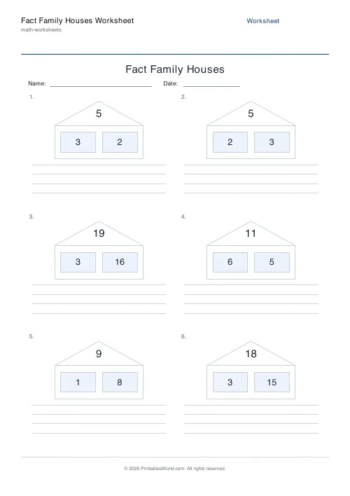 Free printable fact family houses worksheet — Up to 20 — PDF download