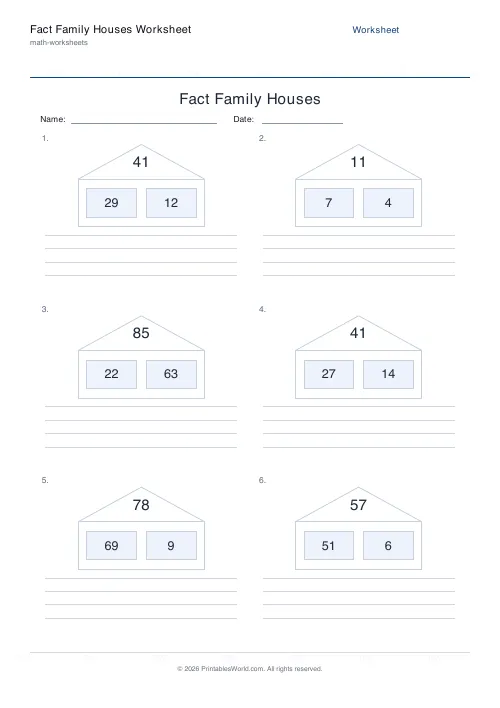 Free printable fact family houses worksheet — Up to 100 — PDF download