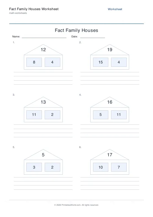 Free printable fact family houses worksheet — Add / Subtract, with answer key — PDF download
