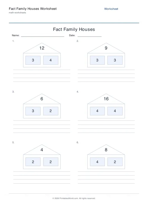 Free printable fact family houses worksheet — Multiply / Divide, with answer key — PDF download