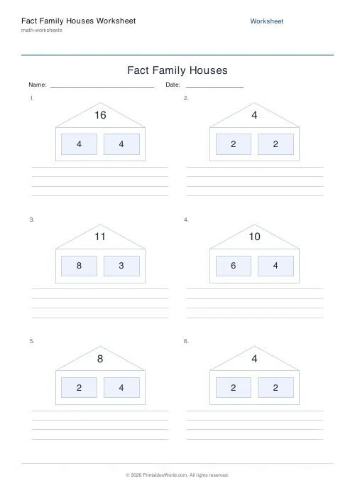 Free printable fact family houses worksheet — Mixed, with answer key — PDF download