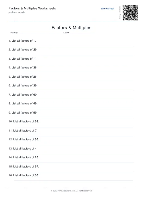 Free printable factors and multiples worksheet — List factors — PDF download