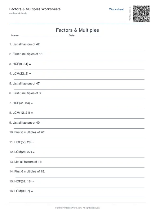 Free printable factors and multiples worksheet — Mixed, with answer key — PDF download