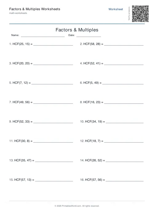Free printable factors and multiples worksheet — Highest common factor — PDF download