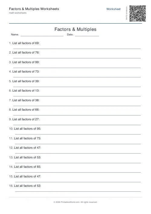 Free printable factors and multiples worksheet — Up to 100 — PDF download