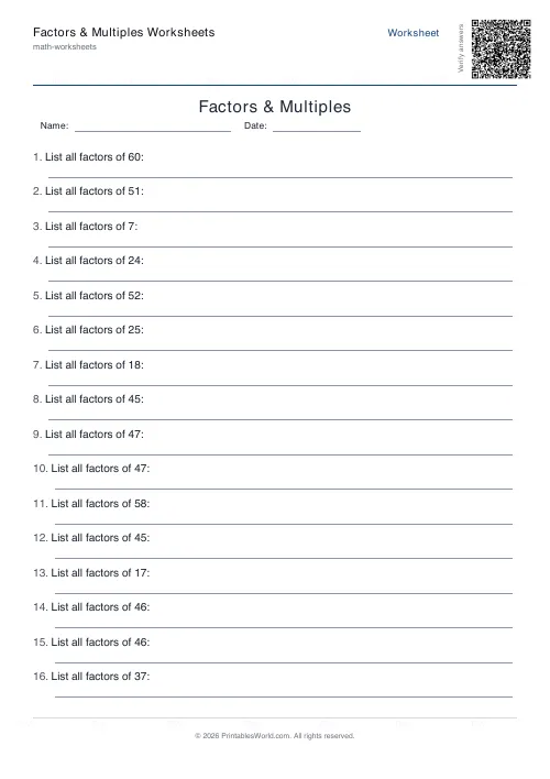 Free printable factors and multiples worksheet — List factors, with answer key — PDF download