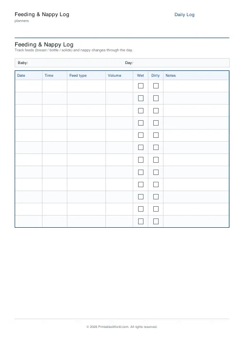 Free printable feeding and nappy log — 12 rows — PDF download
