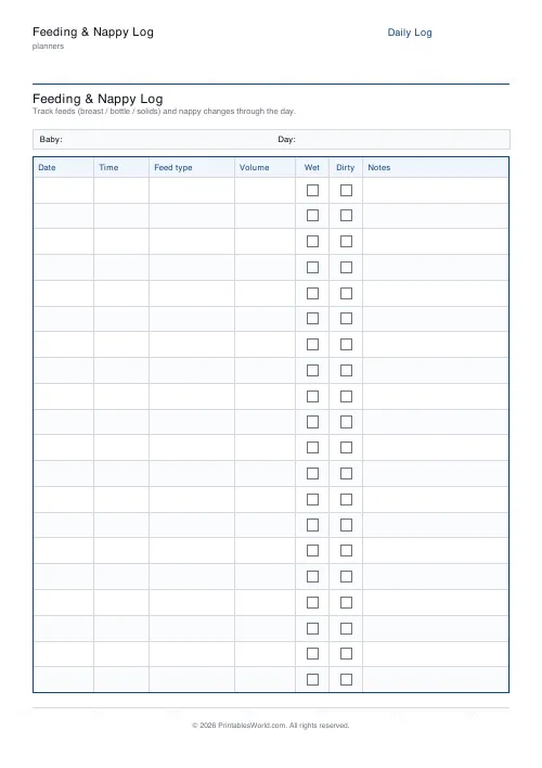 Free printable feeding and nappy log — 20 rows — PDF download