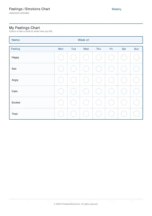Free printable feelings chart — Weekly (7 days) — PDF download