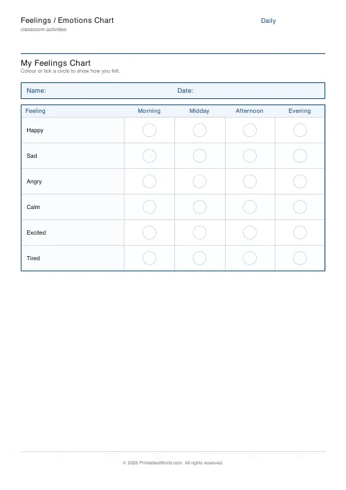 Free printable feelings chart — Daily (time slots) — PDF download