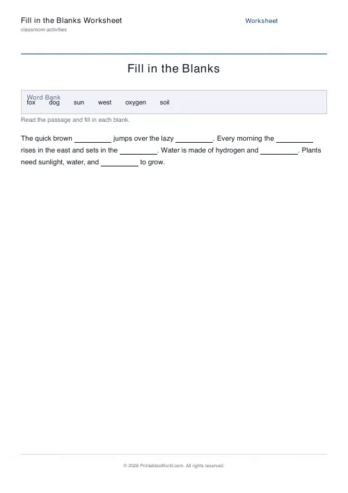 Free printable fill-in-the-blanks worksheet — Hide — PDF download