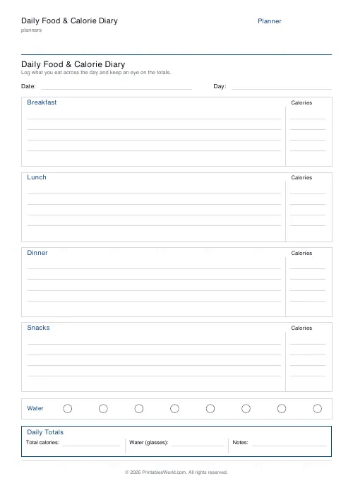 Free printable daily food & calorie diary — PDF download