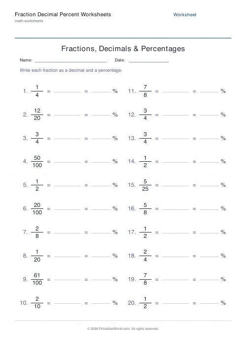 Free printable fraction, decimal and percent conversion worksheet, PDF download