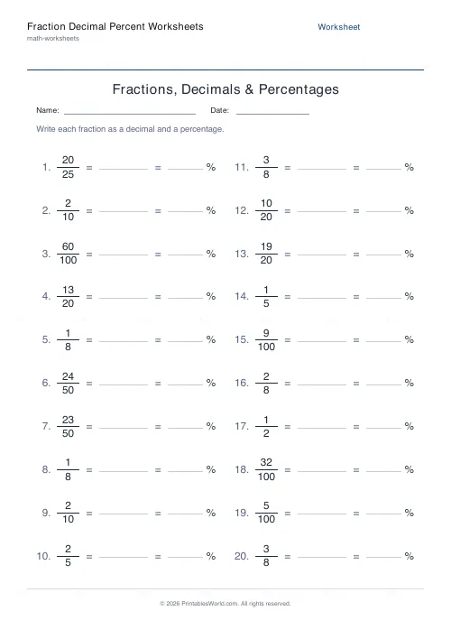 Free printable fraction, decimal and percent conversion worksheet (with answer key), PDF download