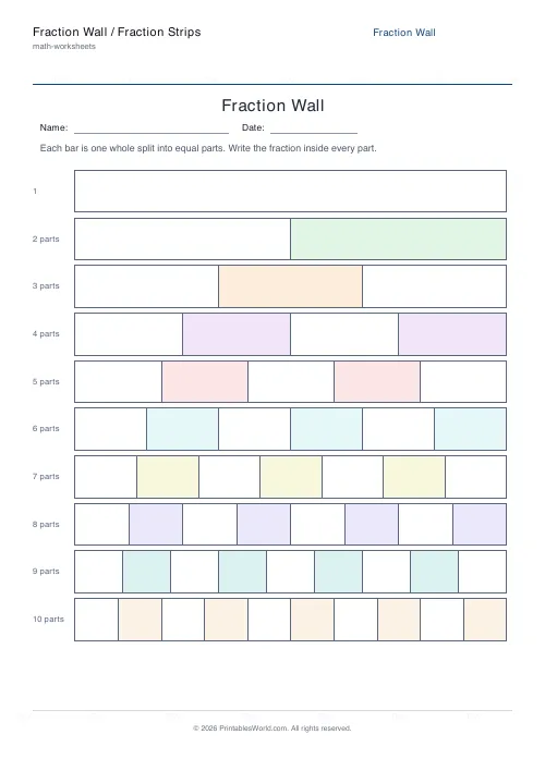 Free printable fraction wall — Blank (fill in) — PDF download