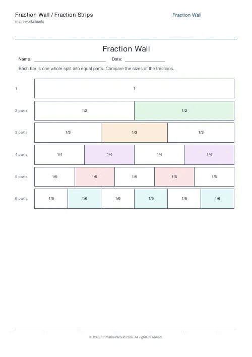 Free printable fraction wall — Up to sixths — PDF download