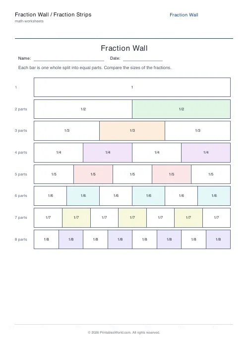 Free printable fraction wall — Up to eighths — PDF download