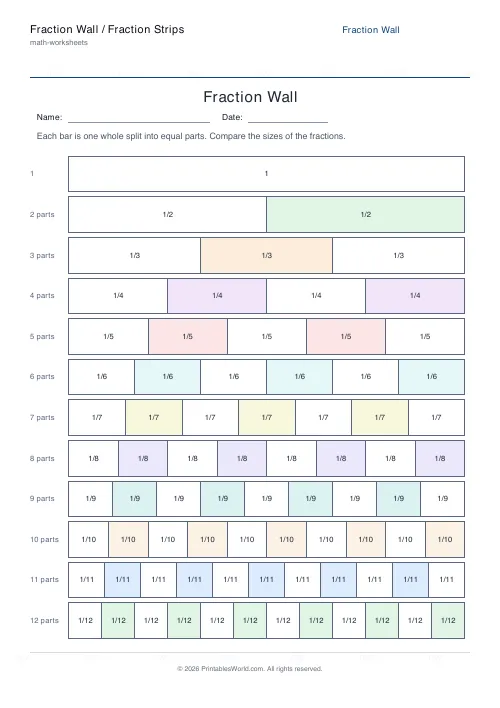 Free printable fraction wall — Up to twelfths — PDF download