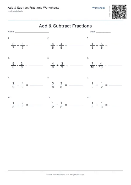 Free printable add and subtract fractions worksheet — Same denominator, with answer key — PDF download