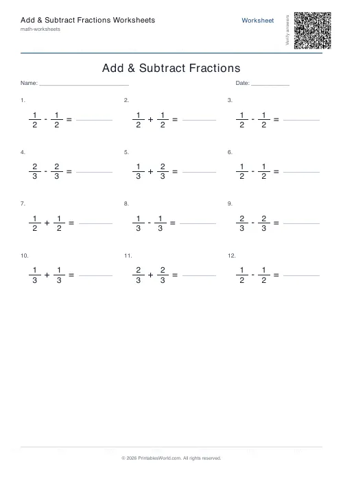 Free printable add and subtract fractions worksheet — 3, with answer key — PDF download