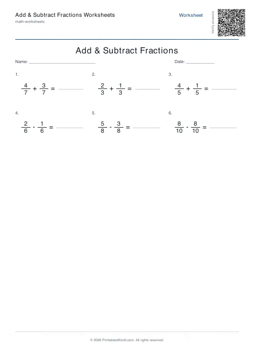 Free printable add and subtract fractions worksheet — 6 — PDF download