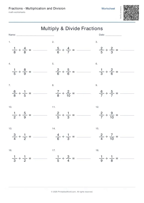 Free printable multiply and divide fractions worksheet — Divide — PDF download