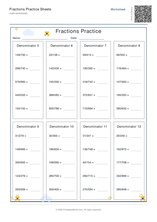 Free printable fractions practice sheet — Table style — PDF download