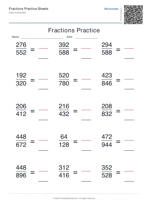 Free printable fractions practice sheet (Line-by-line, with answer key), PDF download