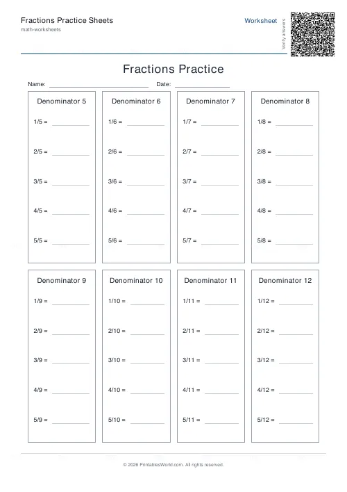 Free printable fractions practice sheet (1 digit, with answer key), PDF download