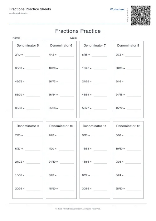 Free printable fractions practice sheet (2 digit, with answer key), PDF download