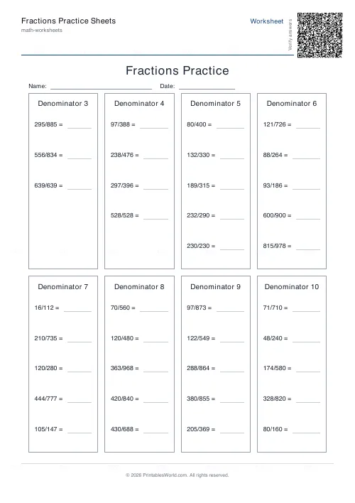 Free printable fractions practice sheet (to 10, with answer key), PDF download