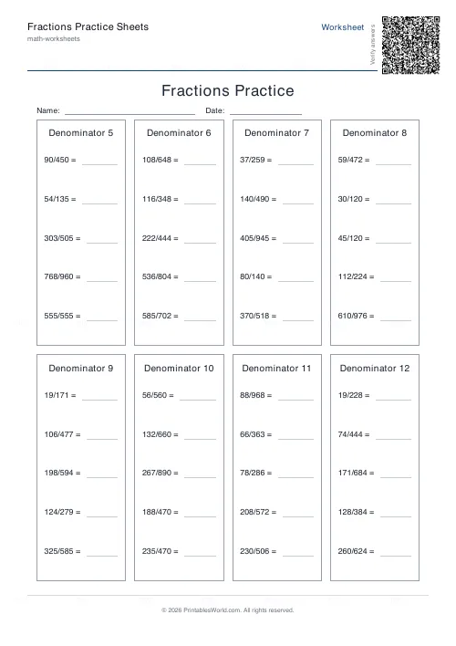 Free printable fractions practice sheet (to 12, with answer key), PDF download