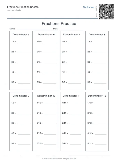 Free printable fractions practice sheet (1 digit), PDF download